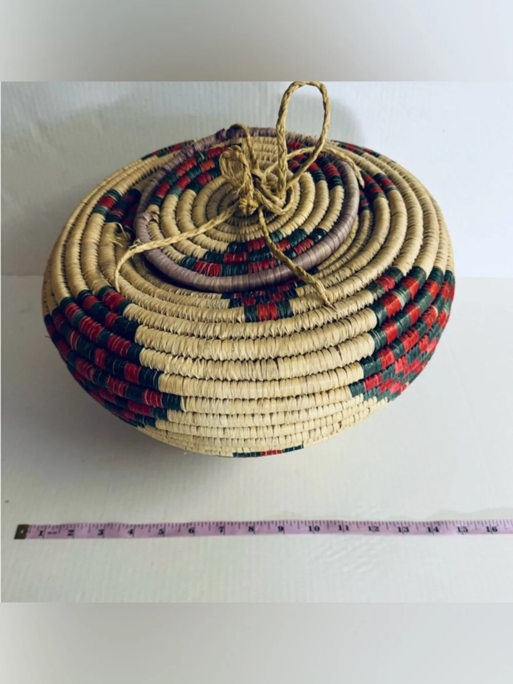 Vintage Handwoven Natural Grass Storage Basket with Red & Green Accents